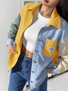 SHEIN EZwear Áo khoác nhung kẻ vá chữ vai trễ màu - Nhiều màu - Xem 1