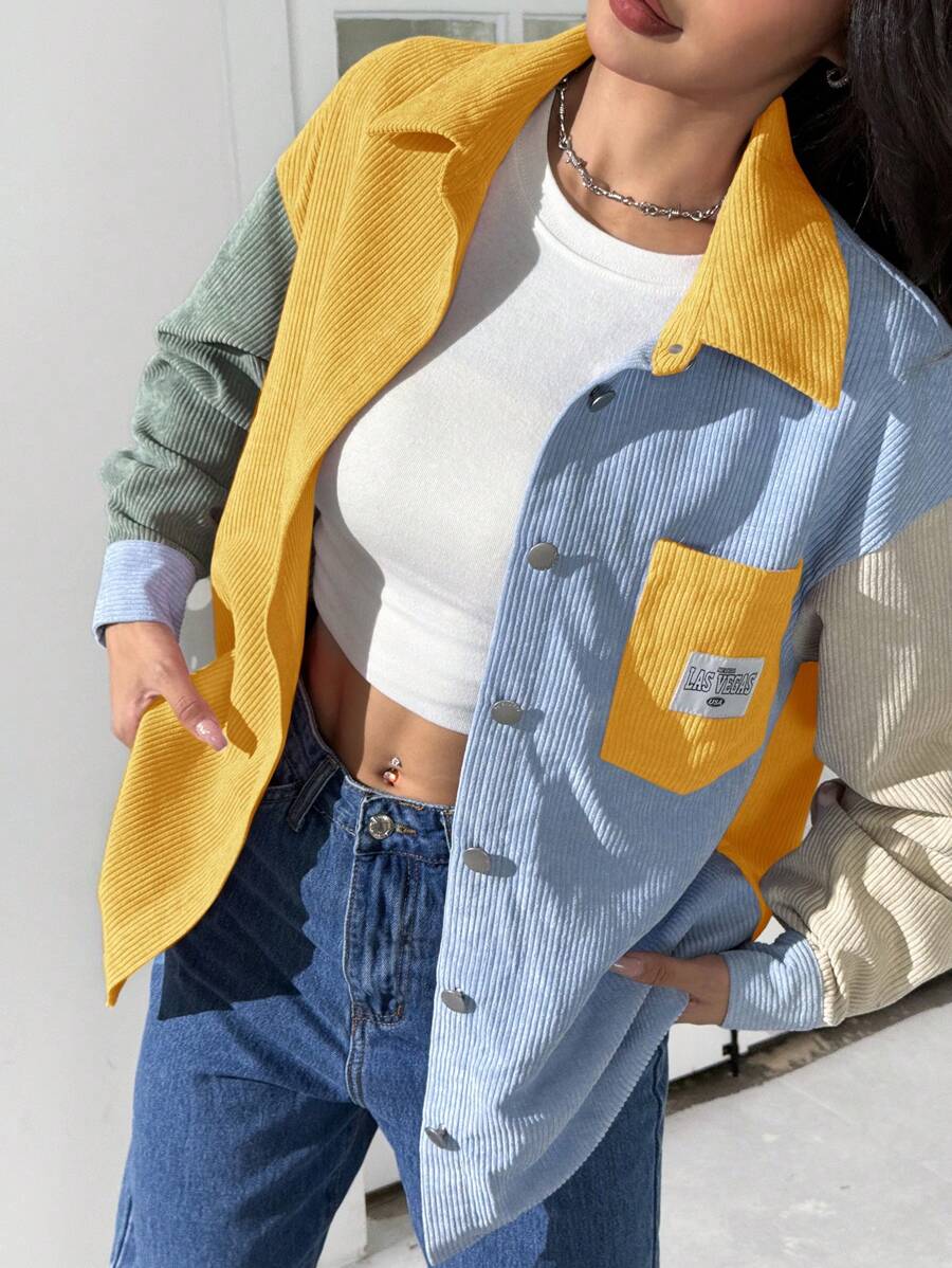 SHEIN EZwear Áo khoác nhung kẻ vá chữ vai trễ màu - Nhiều màu - Xem 1