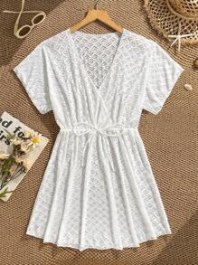 Teen Girls Solid Color Lace Drawstring Waist Bikini Cover Up White Lace Dress White Summer Dress White Beach Dress White Vacation Dress White Cover-Up DressIt Pairs Well With A One-Piece Swimsuit Set For A Vacation Beach