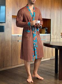 SHEIN Men's Printed Patchwork Double Pocket Long Sleeve Robe, Fall - Multicolor - View 4