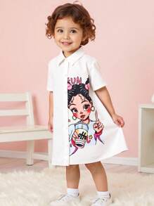 Young Girls Big Pattern Shirt Collar Short Sleeve Casual Dress, Suitable For Home, Leisure, Outdoor & Social Occasions, Spring & Summer Shirts For Kids Girls Cute Shirts For Girls Young Girl Summer Tops