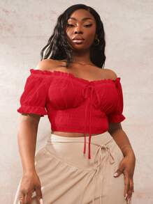 SHEIN SXY Women's Plus Size Bohemian Solid Color Ruffle Off Shoulder Short Sleeve Blouse Red Off The Shoulder Top Red Off Shoulder Crop Top Red Crop Top