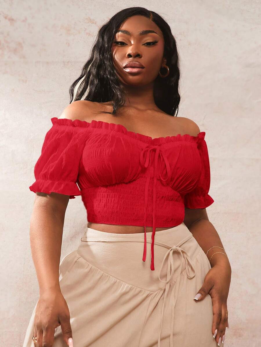 SHEIN SXY Women's Plus Size Bohemian Solid Color Ruffle Off Shoulder Short Sleeve Blouse Red Off The Shoulder Top Red Off Shoulder Crop Top Red Crop Top