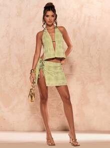 SHEIN BAE Spring And Summer Women's Minimalist Fitted Halter Tank Top, Casual Holiday Wear/Beach/Vacation - Green - View 1