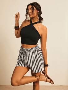 SHEIN VCAY Plus Size Vacation Casual Solid Halter Top And Striped Shorts 2Pcs Set Summer Boho Women's Clothing Brunch Outfits For Women Airport Outfit For Women Beach Vacation Outfits City Break Outfits Holiday Outfits