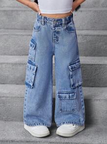 SHEIN 女童宽松工装口袋阔腿休闲牛仔裤 - 深色水洗藍 - 查看 5