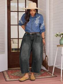 EMERY ROSE Quần Jeans Denim Thường Ngày Không Co Giãn Cỡ Lớn Cho Nữ, Phong Cách Đường Phố Mỹ - Màu Xám nhạt - Xem 4