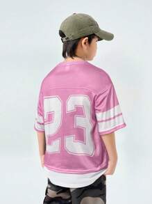 Coolane Camiseta casual de manga corta de cuello redondo con estampado numérico minimalista, unicolor y parches para adolescentes, para primavera/verano