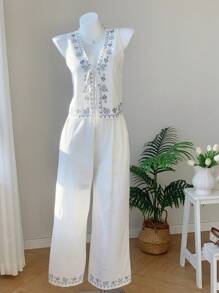Comfortcana Summer Bohemian White Woven Print 2-Piece Outfit ,2 Piece Cotton Sets Women ,Summer Pants Sets