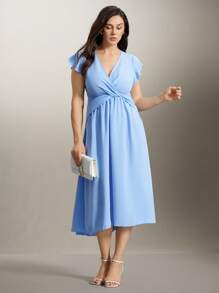Flouryn Plus Size Women's Casual V-Neck Cap Sleeve Twist Waist Green Mid-Length Chiffon Vacation Dress - Blue - View 5