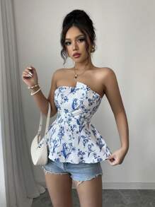 SHEIN PETITE 1 件女式蓝白花卉印花抹胸，束腰 - 藍白色 - 查看 5