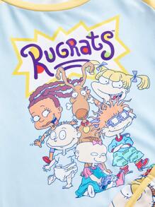 Nick 90's X ROMWE Conjunto de pijama informal con top de manga corta y shorts con estampado de dibujos animados