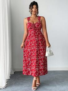 Elenzga Elegante vestito vintage con stampa floreale ditsy, taglie comode, scollo a cuore, vita con fiocco, spacco laterale sexy, disponibile in più colori
