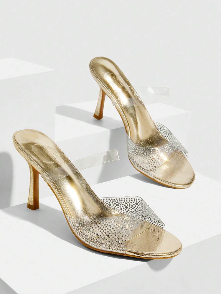 CUCCOO SZL Women's Transparent TPU Crystal Decor Mixed Gold Metal PU Fashionable Sexy Clubwear Peep Toe High Heel Sandals