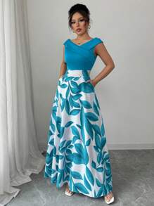 Elenzga Váy xòe in họa tiết chắp vá cổ chữ V giản dị cho nữ, màu xanh lam - Màu xanh ngọc - Xem 6