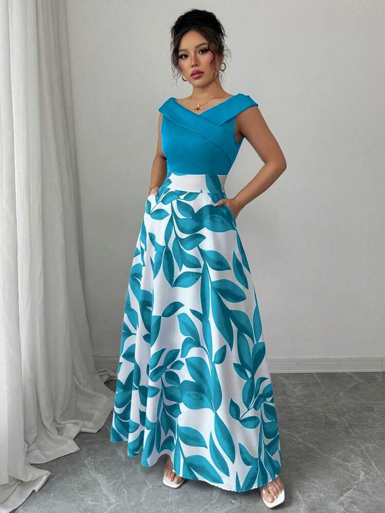 Elenzga Vestido casual de mujer con escote en V, estampado patchwork, cintura acampanada para vacaciones, azul - Agua verde azul - Añade 6