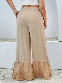 Flirla Quần ống rộng vải họa tiết chắp vá cỡ lớn, thích hợp cho kỳ nghỉ & bãi biển, mùa hè - Cà phê nâu - Xem 2