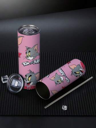 TOM & JERRY X SHEIN Stainless Steel Insulated Tumbler ,Cartoon Print Design, Hot & Cold Use, Easy One-Hand Grip