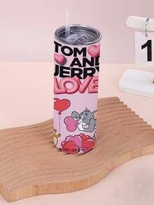 TOM & JERRY X SHEIN Taza divertida y linda con patrón de letras y dibujos animados, tapa de apertura a presión, capacidad grande de 20 onzas, ligera y portátil