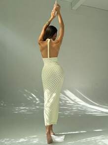 Aloruh Đầm len hở lưng khoét sâu gợi cảm mới cho nữ phong cách nghỉ dưỡng bãi biển - Màu vàng - Xem 6