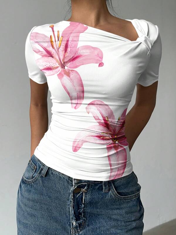 Siren Gaze Tricou elegant casual pentru femei, cu guler asimetric, cu mânecă scurtă, cu imprimeu floral, potrivit pentru vară