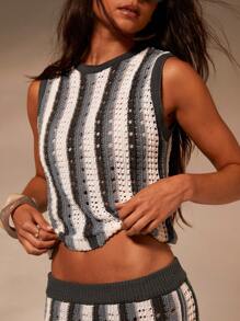 Athîral Débardeur en tricot à rayures au crochet pour femmes, vacances