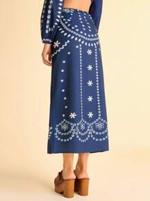 CAJUNI Falda envolvente de estilo bohemio casual de verano con estampado de totem y encaje para vacaciones de mujer, en colores azul y blanco