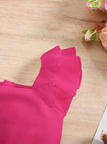 SHEIN Baby Girls Cute Contrast Organza Ruffle Trim One-Piece Jumpsuit, Watermelon Red, Summer - Hot Pink - View 3