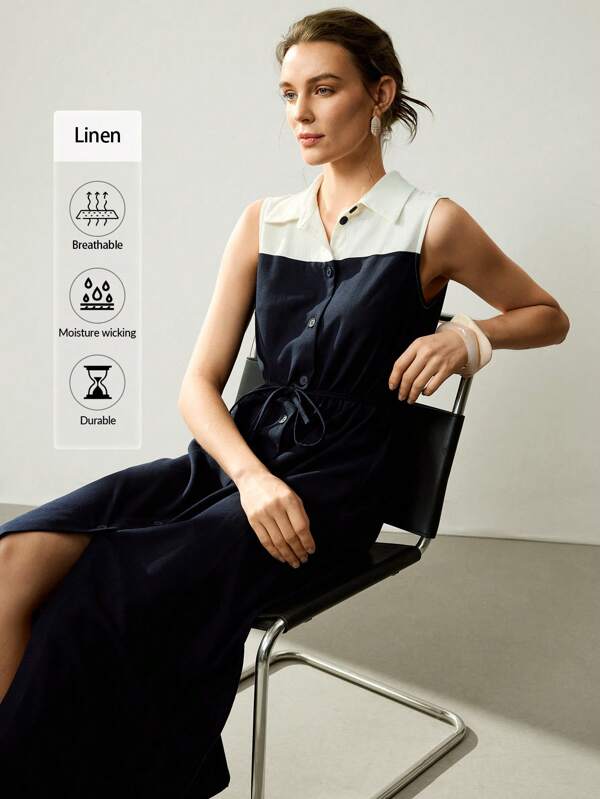 Uhlyne Women's Spring And Summer Elegant Outing Leisure Commuting Workplace Social Linen Navy Blue Stitching White Button Decoration Sleeveless Open-Front Shirt Dress