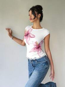 Siren Gaze 简约水彩花卉图案优雅女士双层网眼 T 恤，适合休闲、度假、派对场合、夏季 - 彩色 - 查看 7