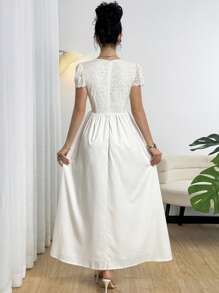 Modelyn Vestido elegante de unicolor con parches de encaje, estilo francés, para fiesta de verano - Blanco - Ver 2
