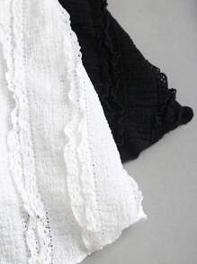 Sweetra 2pcs Textured Fabric Bandeau Top With Pleated Tie Details, Black & White Set