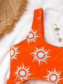 SHEIN Tween Girl Knit Hollow-Out One-Piece Swimsuit With Sun Pattern - Orange - View 5