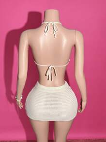 Slaydiva 2 Stück/Set Badeanzug Bikini Strandkleid - Europäischer und Amerikanischer Stil Strandurlaub Ausschnitt Pailletten Patchwork Trägertop und asymmetrischer Saum Mini Rock im Herbst/Winter - Weiss - Übersicht 7