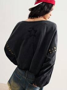 Bohemela BOHO 美式复古休闲女式水洗纯色西部风针织铆钉半拉链 V 领长袖宽松卫衣，夏秋季