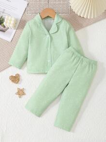 2 pièces Ensemble décontracté à la maison pour bébé fille, mignon, cardigan col à revers avec imprimé jacquard cœur et étoile et pantalon - Vert - Voir 1