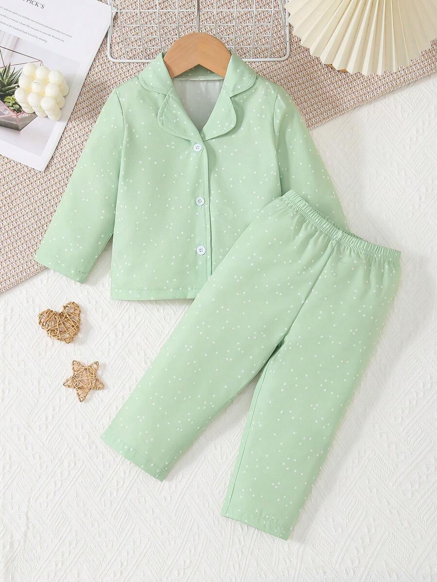 2 pièces Ensemble décontracté à la maison pour bébé fille, mignon, cardigan col à revers avec imprimé jacquard cœur et étoile et pantalon - Vert - Voir 1