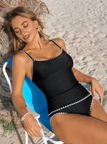 Swim Lushoire 2 件套夏季海滩纯色细肩带无袖钩针边缘高腰分体泳衣上衣和比基尼下装泳衣，女士度假风格