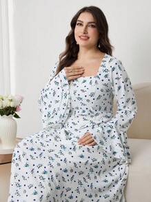 Modelyn Vestido de manga larga con cintura ajustada y estampado floral en color albaricoque para tallas grandes