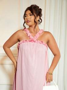 Cravure Plus Size Women's Solid Color 3D Floral Trim Adjustable Spaghetti Strap Flared Romantic Elegant Dress, Summer