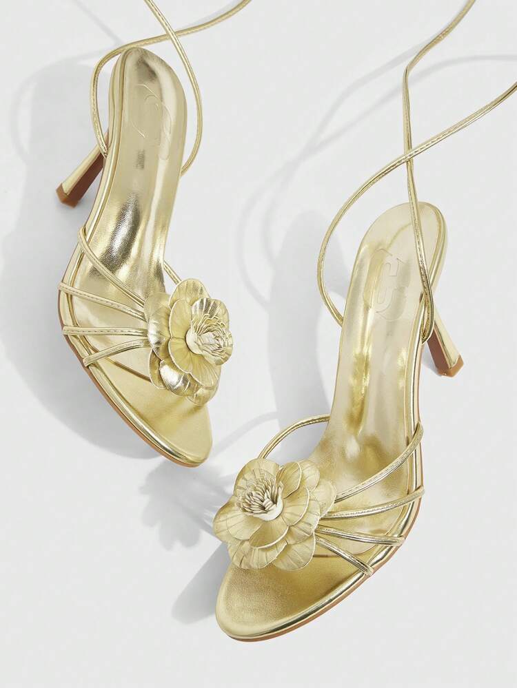 CUCCOO SZL Women Gold Color Metallic PU Camellia Decor Sexy Back Strap Glamorous Nightclub High Heel Sandals For Christmas Spring Shoes Prom Heels