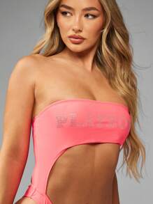 Missguided x Playboy Summer Monokini Bandeau Cut Out One Piece Swimsuit Rhinestone Embellished High Cut Thong Beachwear Resort Vacation Pool Party - Hot Pink - View 5