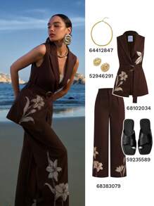 ZEYLAH Áo khoác blazer rộng rãi thêu vải lanh hai hàng khuy, thời trang cho mùa hè - Cà phê nâu - Xem 12