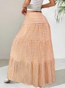 SHEIN EZwear 女式夏季休闲格子荷叶边下摆半身裙 - 橘色 - 查看 2