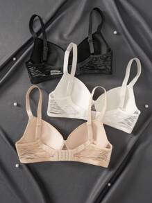 SHEIN 3件装女士纯色斑马纹蕾丝聚拢文胸（带钢圈） - 彩色 - 查看 2