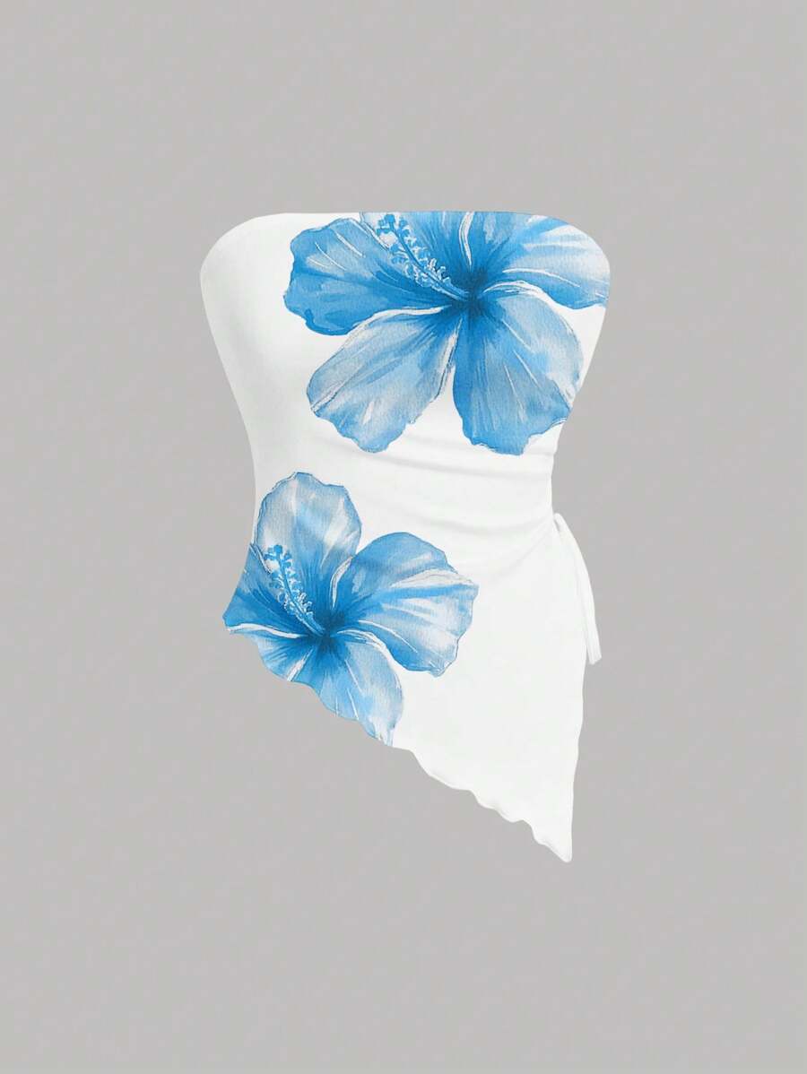 SHEIN MOD Top tomara que caia casual feminino com estampa de lírio azul e bainha assimétrica, ideal para o verão, praia, festivais de música, férias de primavera, clima de garota de Miami no verão