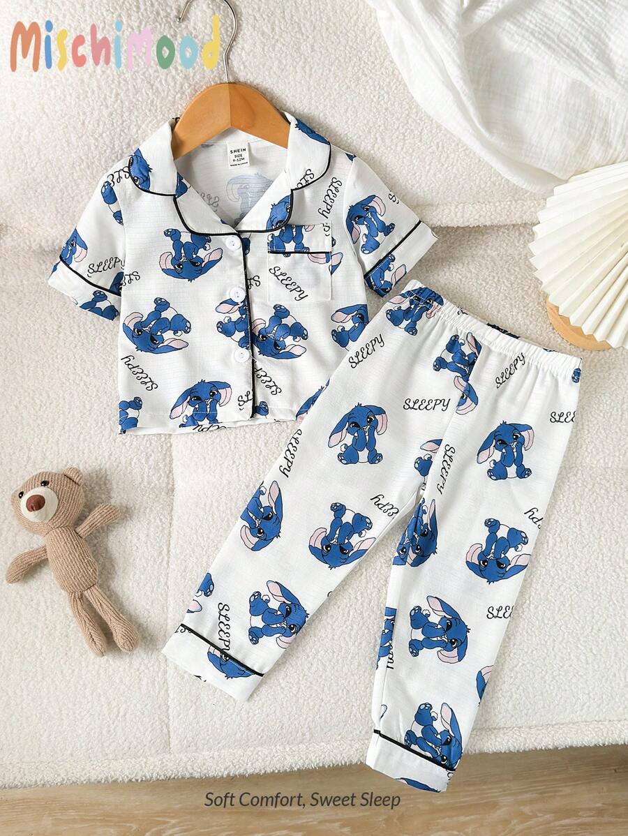 2 Stücke Pyjama-Set für Kleinkinder, Jungen, niedlicher Cartoon-Maus-Kaninchen Muster, weiße Basis, kurzärmelige Strickjacke und Hose, bequemes Pyjama-Set für den Schulanfang, Sommer-Outfits, Back Tp, Schulkleidung, Schulbedarf, Schultaschen, Sommer-Pyjama-Set für Jungen, Nachtwäsche für Kleinkinder, Jungen, Pyjama-Set für Jungen