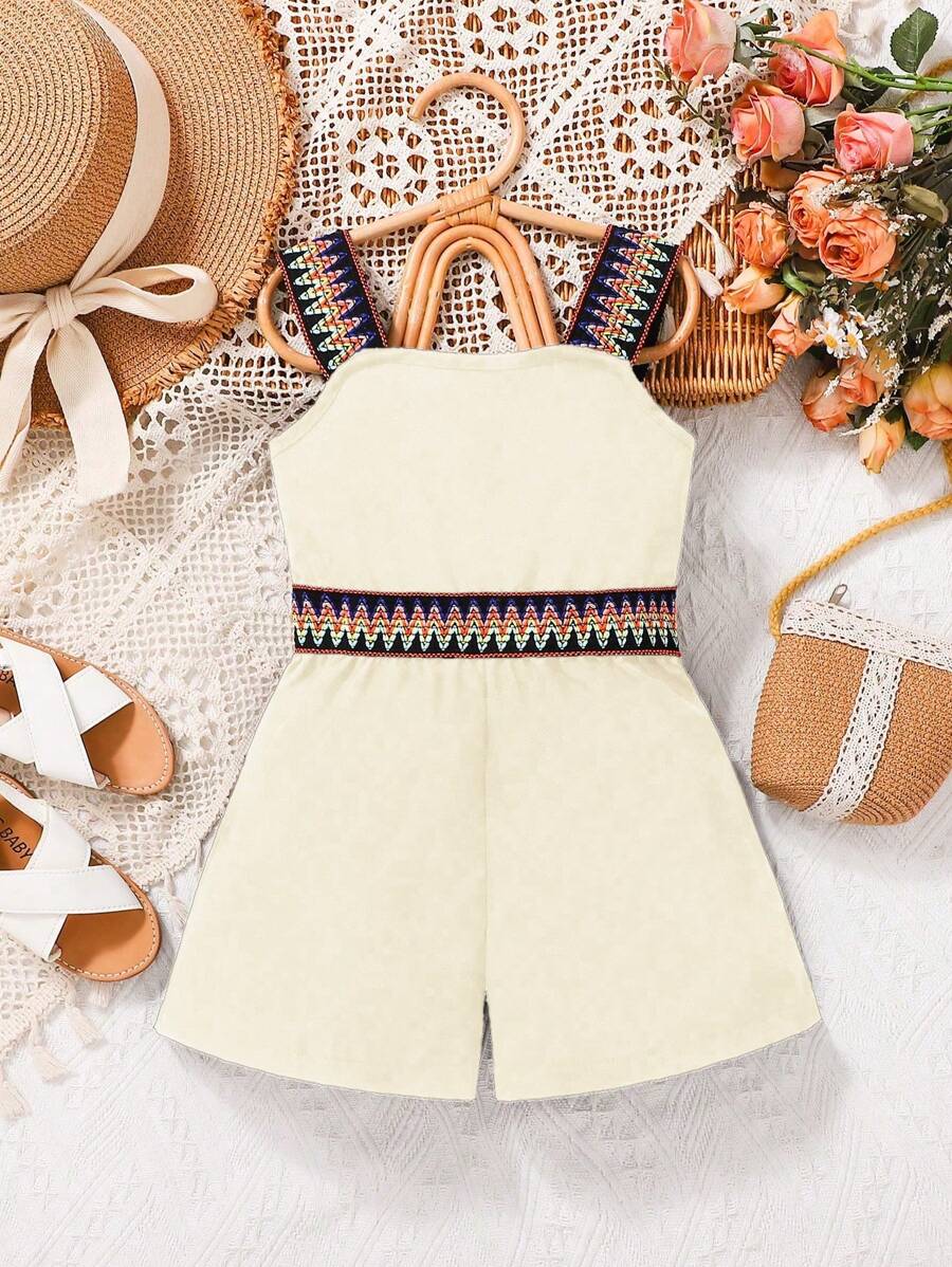 Jumpsuit Kasual Bergaris-Garis Gelombang untuk Liburan Anak Perempuan, Pakaian Musim Panas Anak Perempuan - Aprikot - View 1