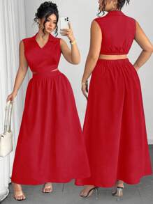 Elenzga Vestido largo y favorecedor de cintura alta, informal y sexy para mujer de talla grande - Burdeos - Ver 1