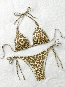 Soleia 2 piezas Conjunto de bikini de mujer con estampado de leopardo, color contrastante y detalles con cuentas, para usar de vacaciones - Multicolor - Ver 6